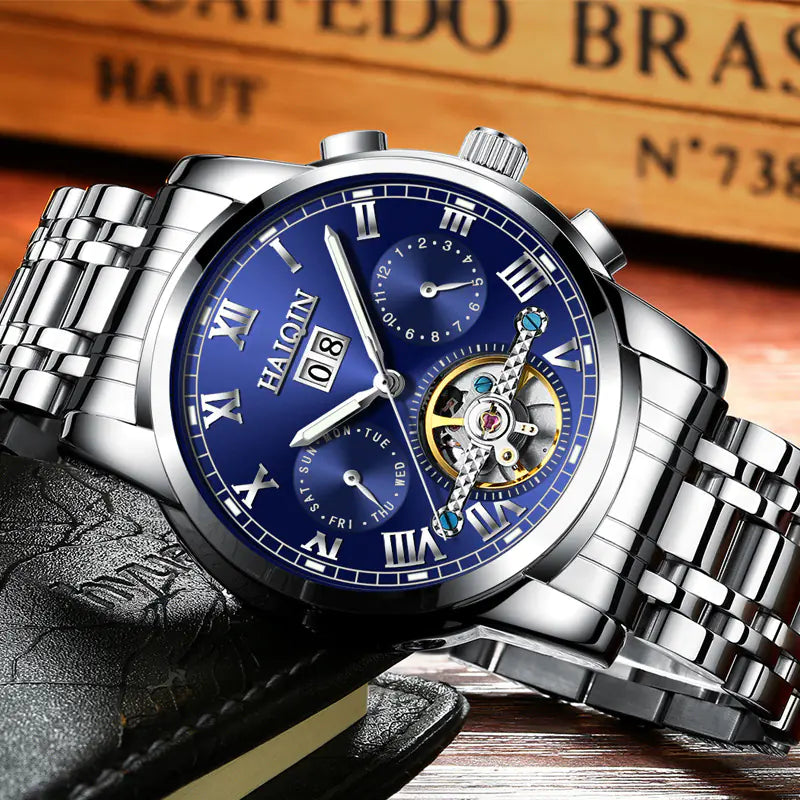 Automatic Men's Watch with Hollow Design and Luminous Steel
