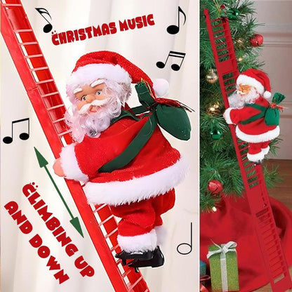 MUNBYN 2025 New Electric Climbing Ladder Santa Claus with Music – AA Battery Powered Christmas Tree Decoration (Batteries Not Included), Climbs up and down with Gift Bag – Sturdy Plastic