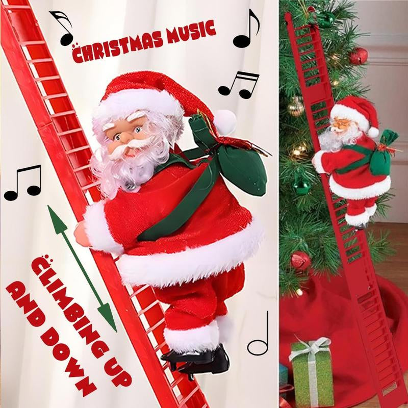 MUNBYN 2025 New Electric Climbing Ladder Santa Claus with Music – AA Battery Powered Christmas Tree Decoration (Batteries Not Included), Climbs up and down with Gift Bag – Sturdy Plastic