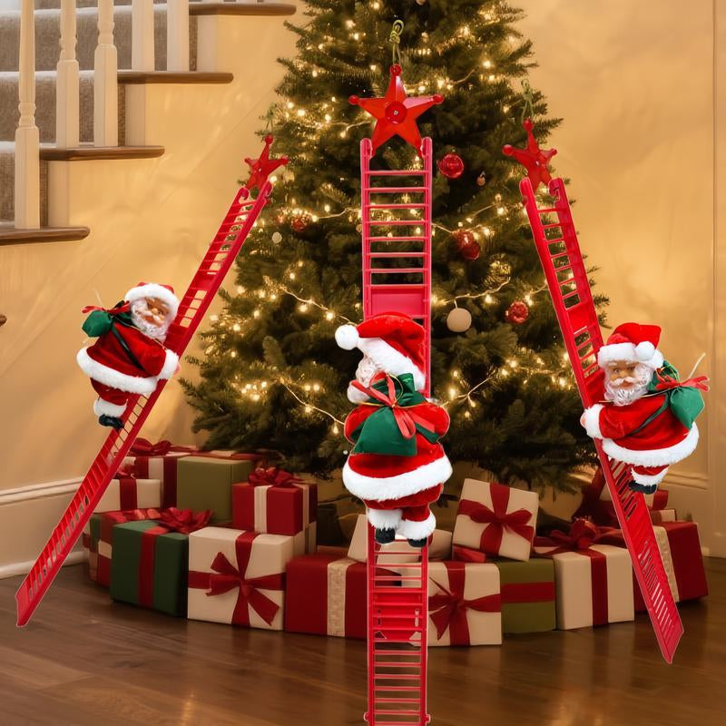 MUNBYN 2025 New Electric Climbing Ladder Santa Claus with Music – AA Battery Powered Christmas Tree Decoration (Batteries Not Included), Climbs up and down with Gift Bag – Sturdy Plastic