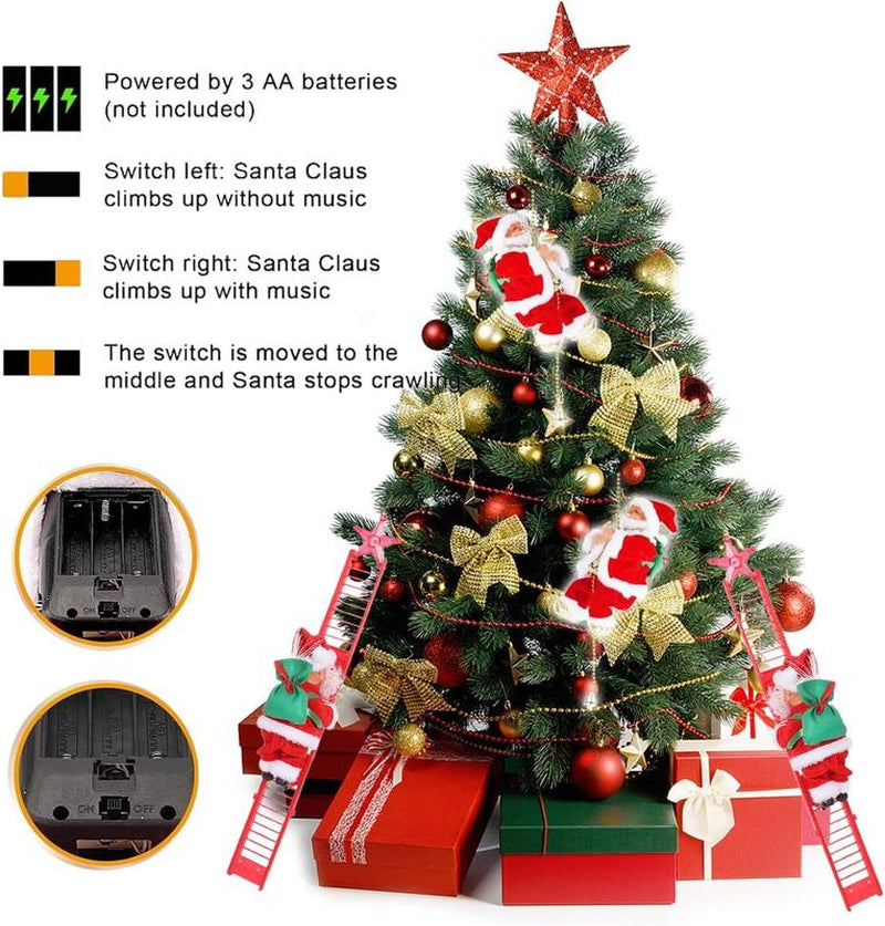MUNBYN 2025 New Electric Climbing Ladder Santa Claus with Music – AA Battery Powered Christmas Tree Decoration (Batteries Not Included), Climbs up and down with Gift Bag – Sturdy Plastic