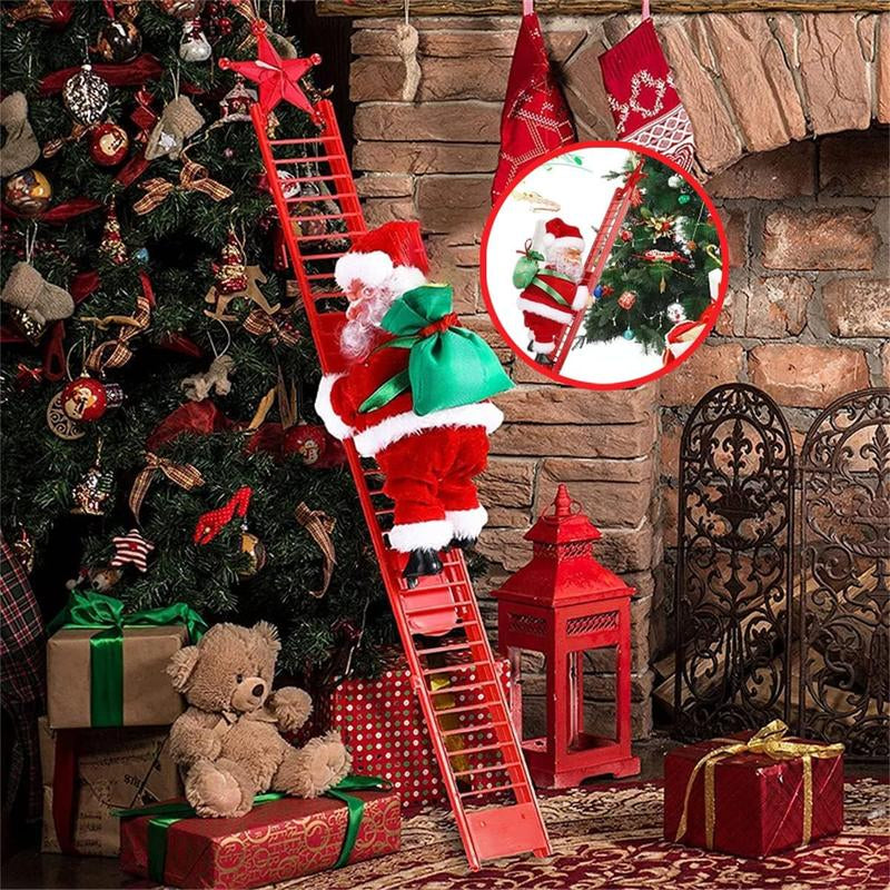 MUNBYN 2025 New Electric Climbing Ladder Santa Claus with Music – AA Battery Powered Christmas Tree Decoration (Batteries Not Included), Climbs up and down with Gift Bag – Sturdy Plastic