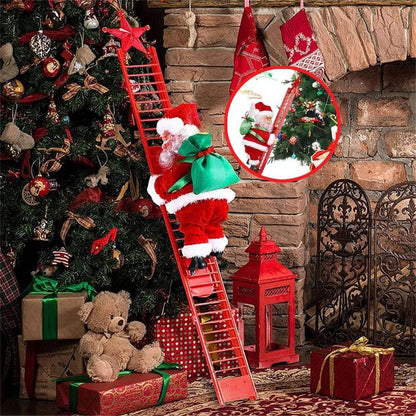 MUNBYN 2025 New Electric Climbing Ladder Santa Claus with Music – AA Battery Powered Christmas Tree Decoration (Batteries Not Included), Climbs up and down with Gift Bag – Sturdy Plastic